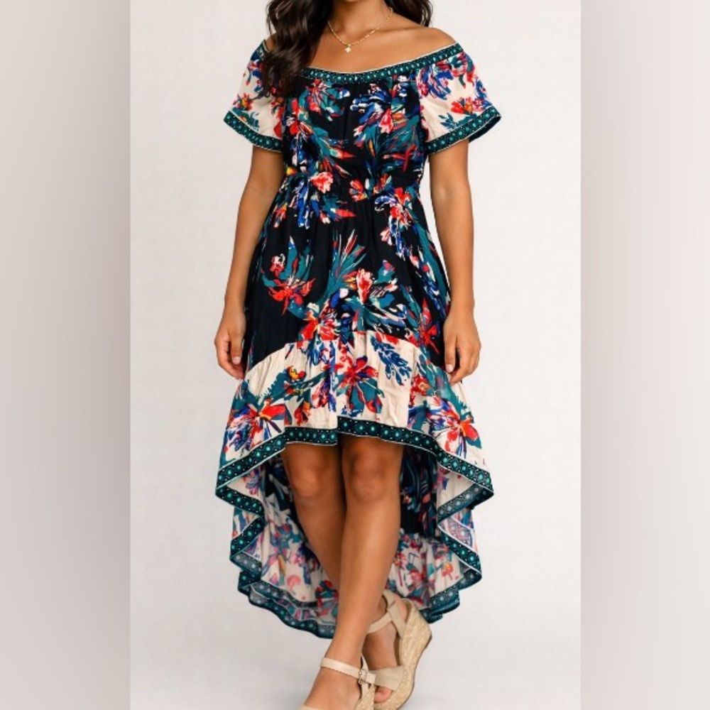 FLYING TOMATO Colorful Floral Asymmetric Tropical Midi Dress M (Like a XS-S)